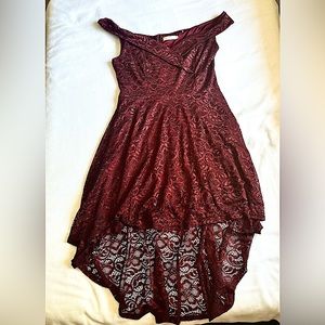 Women’s HomRain Off The Shoulder Hi Low Lace Cocktail Dress- Burgundy/Red